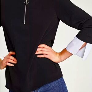 ZARA Black White Contrasting Top Loose Blouse Shirt Zip White Poplin Cuffs XL
